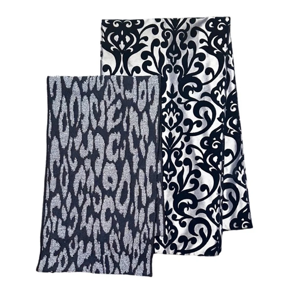SET OF 2, WOMENS SCARVES. SPARKLING GREY ON BLACK, INFINITY SCARF.